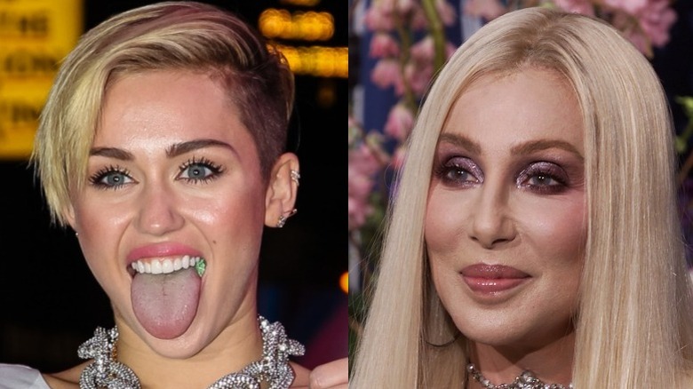 Miley Cyrus tongue out (left), Cher smirking (right)