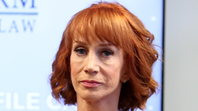 Kathy Griffin with serious expression at a press conference