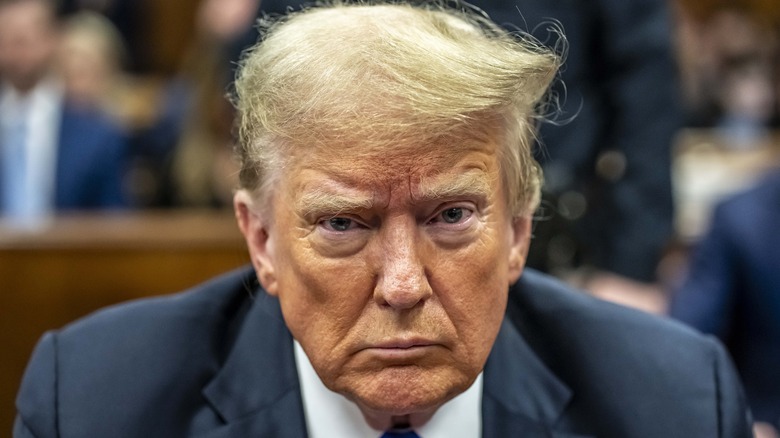 Donald Trump scowling during his 2024 criminal trial in Manhattan