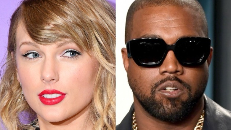 Taylor Swift wearing pink lipstick and giving side-eye, Kanye West in Gucci sunglasses