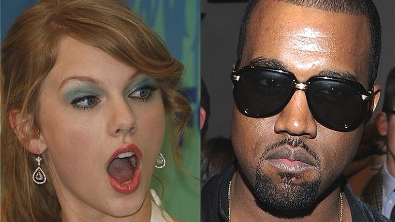 Taylor Swift looking shocked, Kanye West in sunglasses