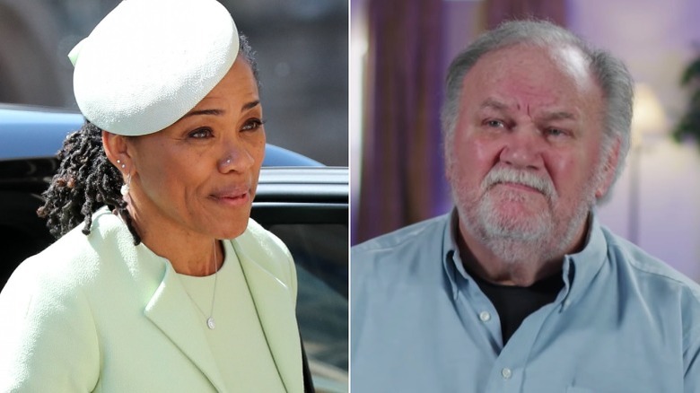 Doria Ragland walking (L), Thomas Markle looking to the side (R) 