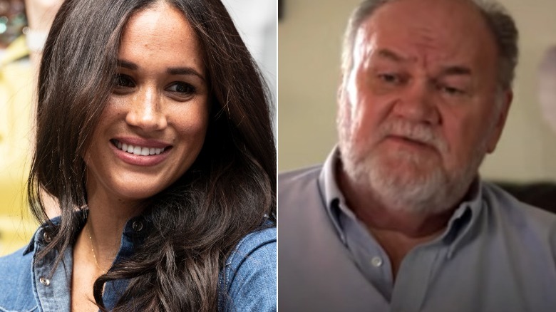 Meghan Markle smiling (L), Thomas Markle speaking (R)