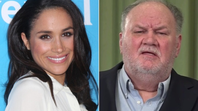 Meghan Markle smiling (L), Thomas Markle speaking (R) 