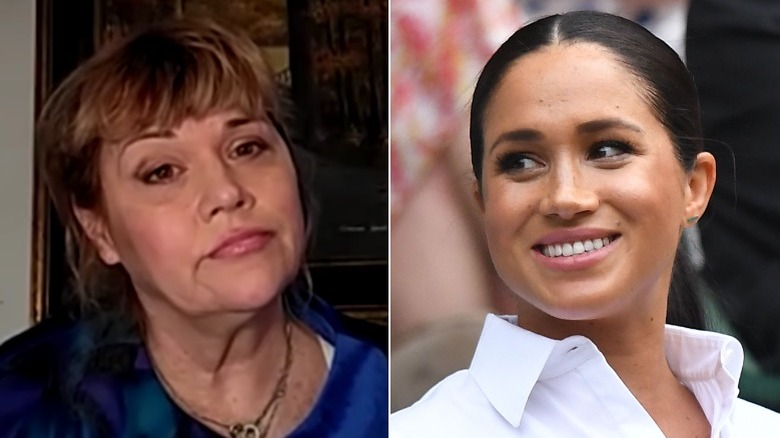 Samantha Markle tilting head (L), Meghan Markle smiling (R)