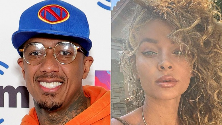 Nick Cannon wearing hat, Alyssa Scott wearing hoop earrings