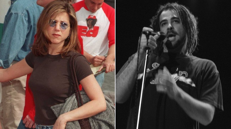 Jennifer Aniston wearing sunglasses, Adam Duritz singing