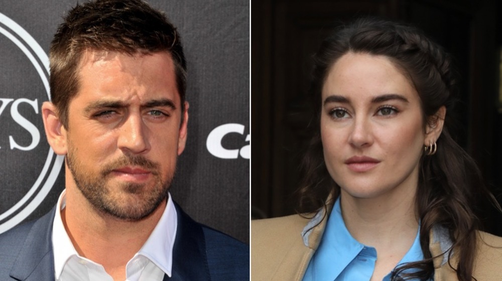 Aaron Rodgers and Shailene Woodley posing for the camera in split image