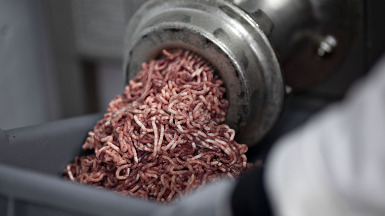 Ground beef exiting a grinder 