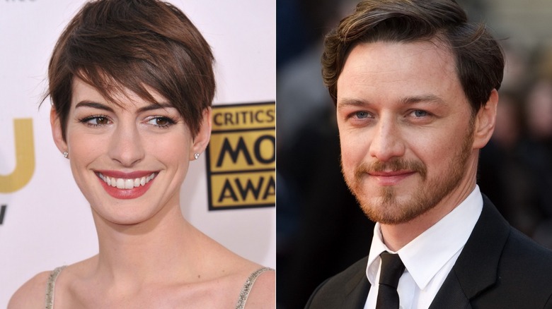 Anne Hathaway smiling, James McAvoy smiling