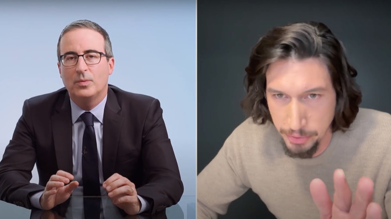 John Oliver and Adam Driver speaking on television 