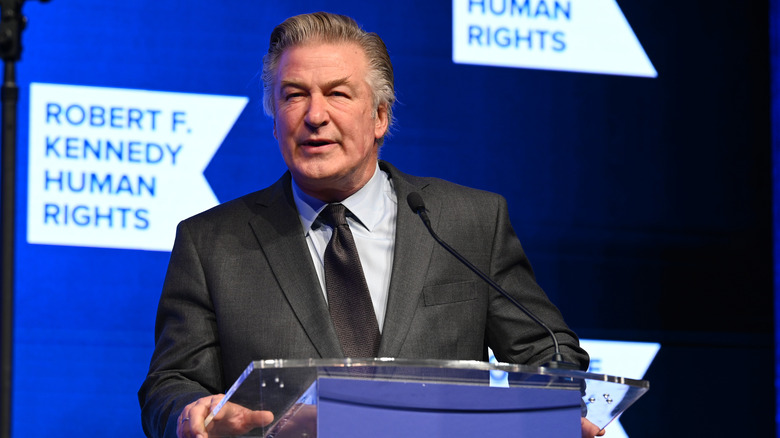 Alec Baldwin speaking at a crowd