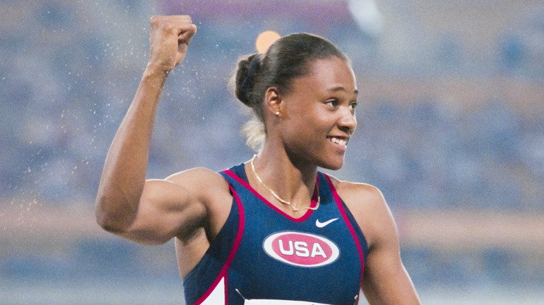 Marion Jones celebrating