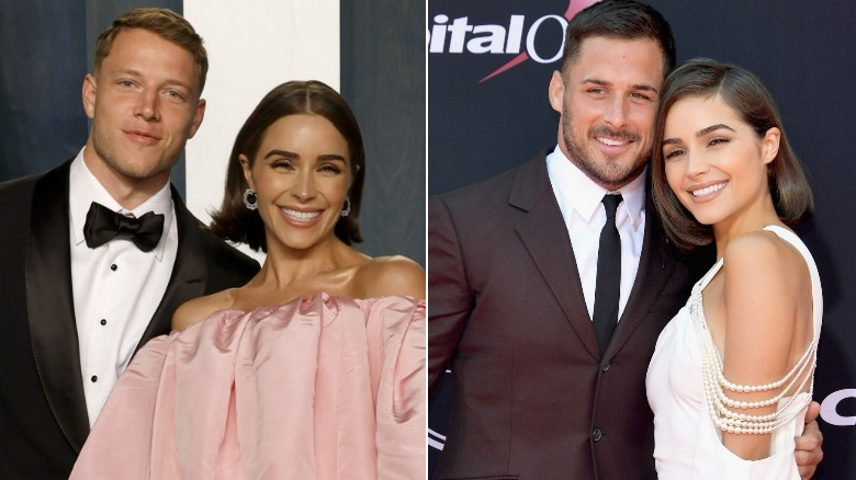 Olivia Culpo with Christian McCaffrey and Danny Amendola, split image