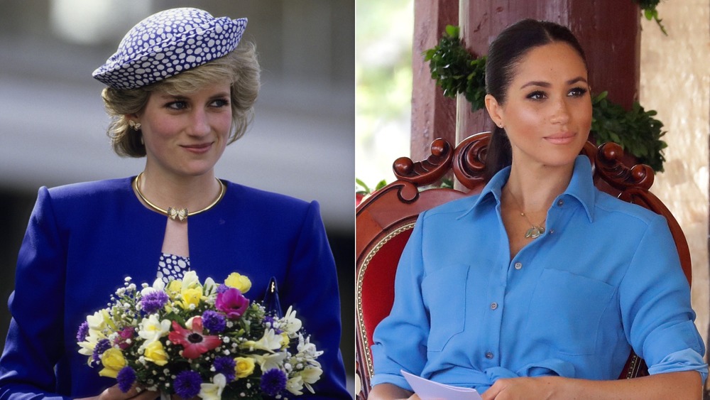 Princess Diana smirking (left), Meghan Markle smirking (right)