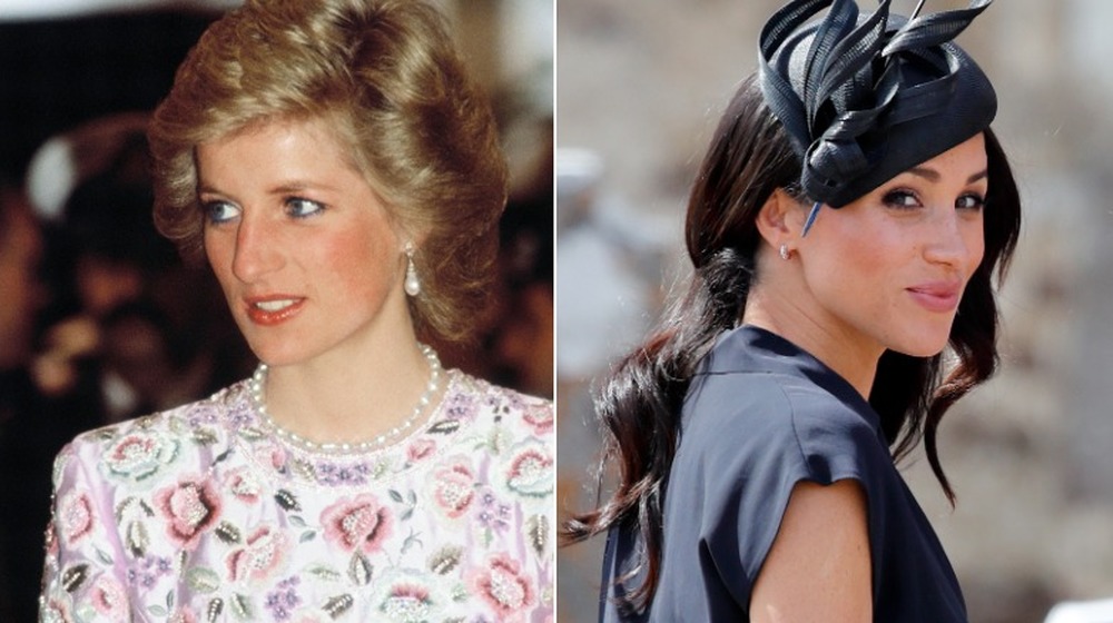 Princess Diana smiling (left), Meghan Markle smirking (right)