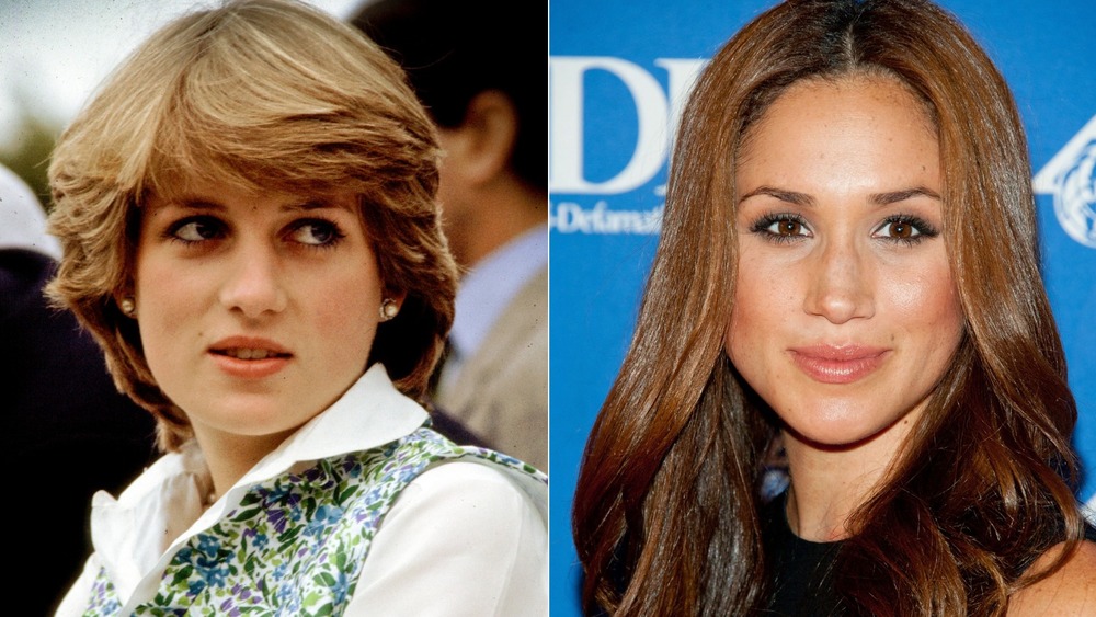 Princess Diana looking to the side (left), Meghan Markle smirking (right)