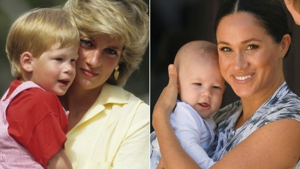 Princess Diana and Meghan Markle holding their young children 