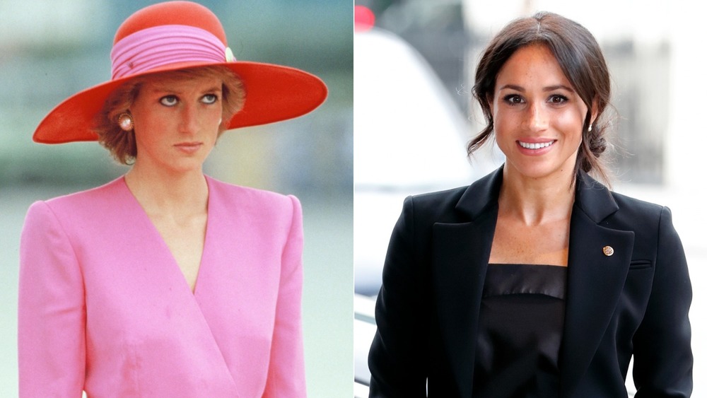 Princess Diana looking annoyed (left), Meghan Markle looking awkward (right)