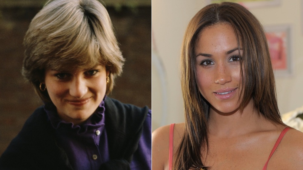 Princess Diana smiling (left), a young Meghan Markle smiling (right)