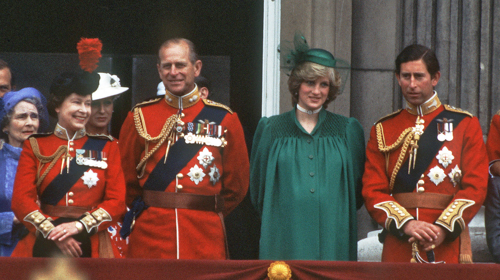 Princess Diana with Prince Charles, Queen Elizabeth II, and Prince Philip