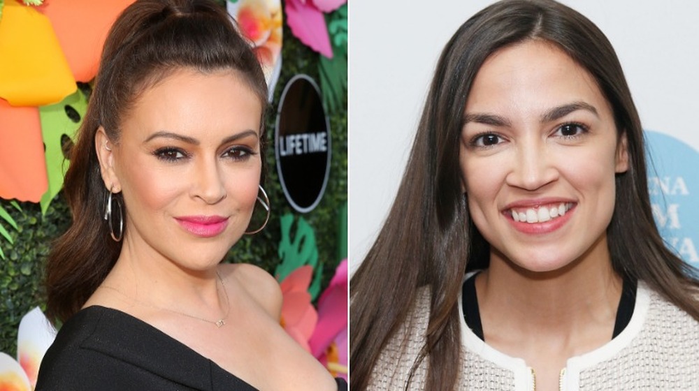 Alyssa Milano in a file photo on the left next to Alexandria Ocasio-Cortez in a file photo on the right