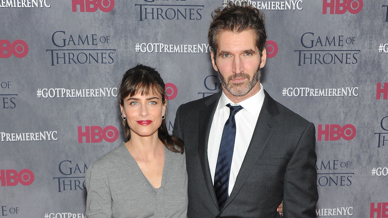 David Benioff and Amanda Peet pose 