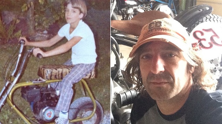 Left: young Rick Petko on bicycle; Right: Rick as an adult, working on motorcycle