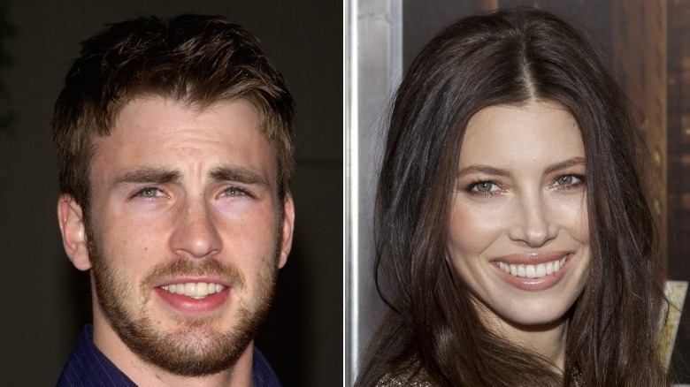 Chris Evans smiling, Jessica Biel smiling