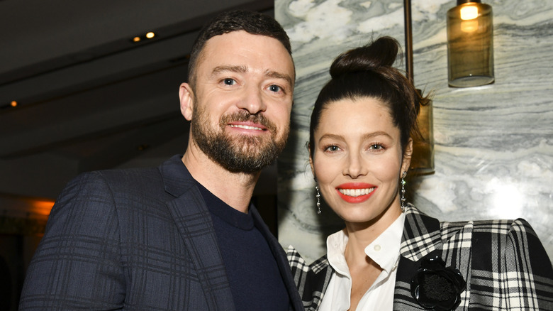 Jessica Biel smiling with Justin Timberlake