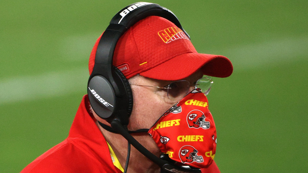 Andy Reid wearing a mask at Super Bowl LV