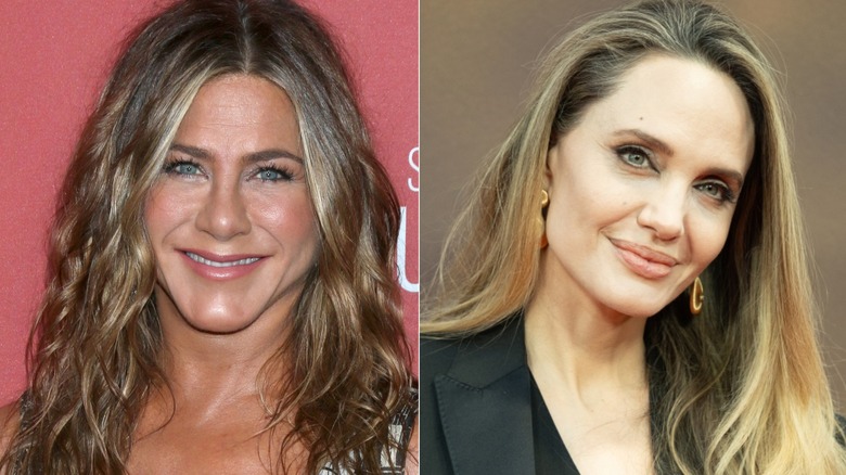 Left: Jennifer Aniston smiling Right: Aneglina Jolie smirking