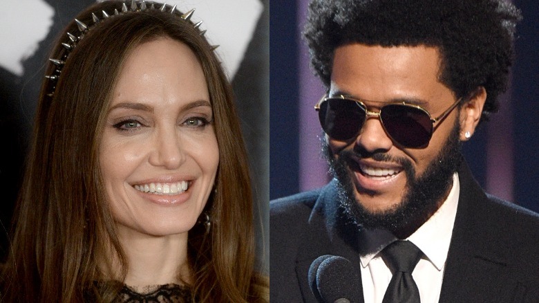 Angelina Jolie and The Weeknd smiling in split image