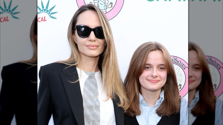 Angelina Jolie and Vivienne pose together during opening night of 'Reefer Madness'