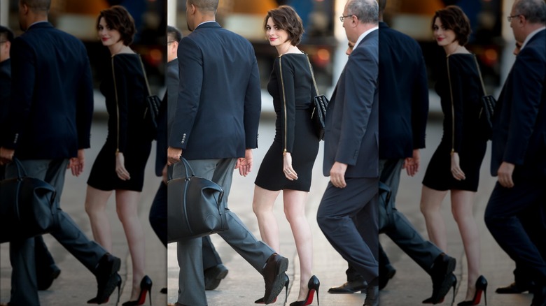 Anne Hathaway walking in Christian Louboutin shoes