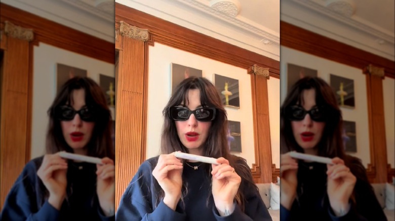 Anne Hathaway showing off her beauty products on TikTok