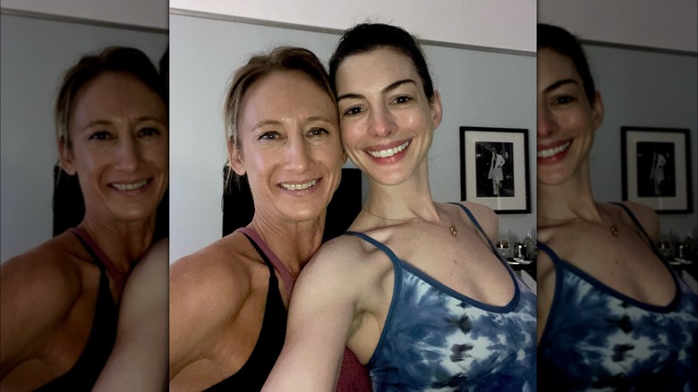 Anne Hathaway taking selfie with trainer Monique Eastwood