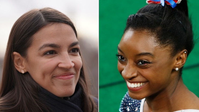 Alexandria Ocasio-Cortez and Simone Biles smiling