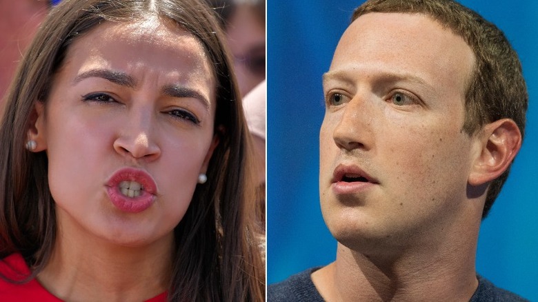 Side by side of AOC and Mark Zuckerberg