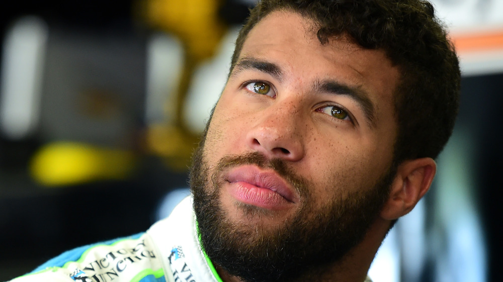 Bubba Wallace in thought while waiting to race