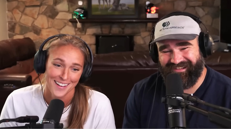 Kylie  McDevitt and Jason Kelce laugh at his flaw