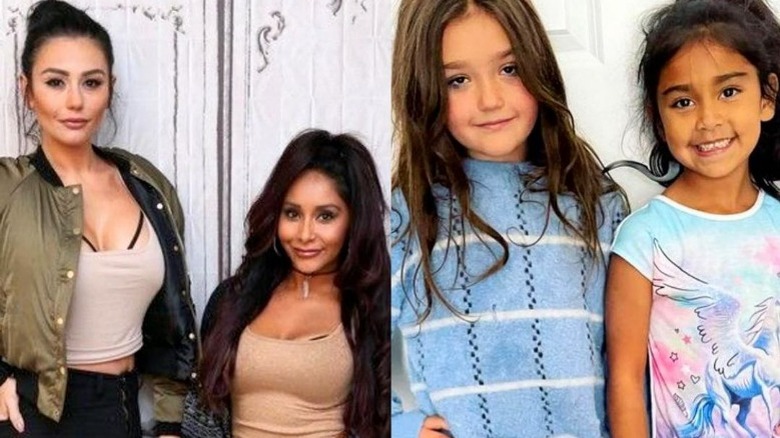 Nicole Polizzi, Jenny Farley posing; daughters Meilani and Giovanna posing