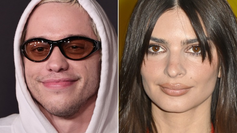 Pete Davidson in white hoodie; Emily Ratajkowski in a John Galliano slip dress