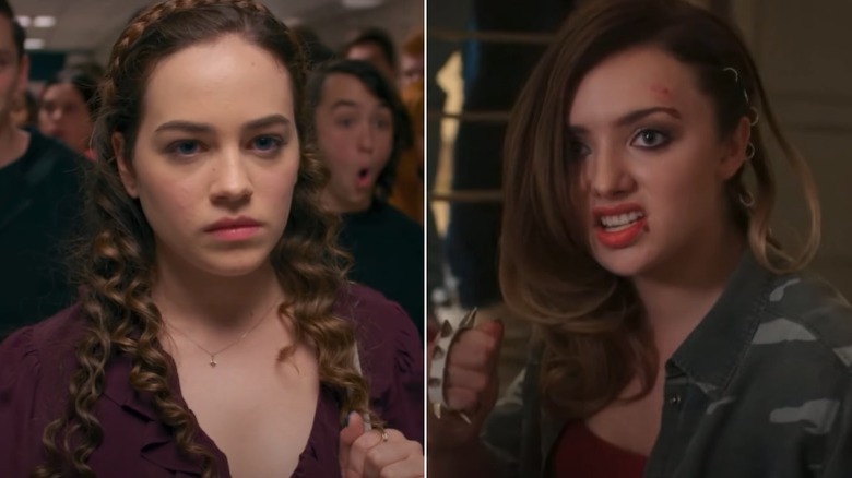 Mary Mouser staring, Peyton List with spiked knuckle duster