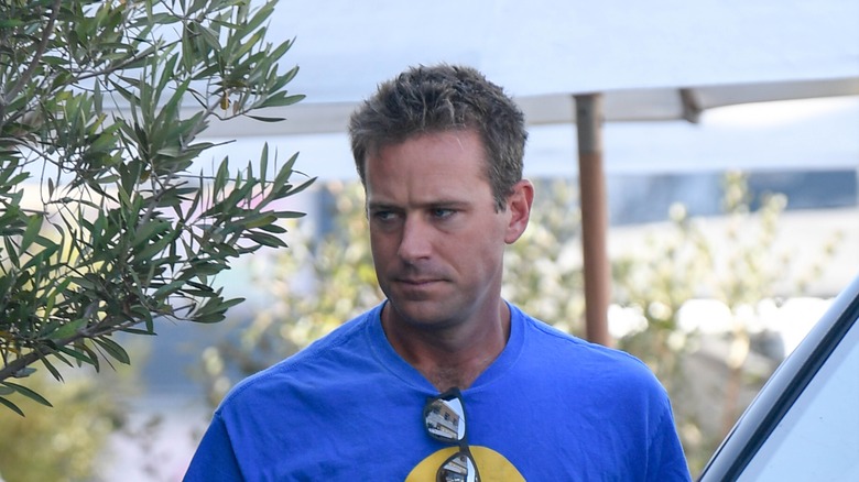 Armie Hammer wearing a blue and yellow patterned sweater