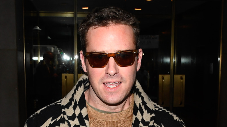 Armie Hammer wearing tinted sunglasses, a patterned jacket, and tan sweater