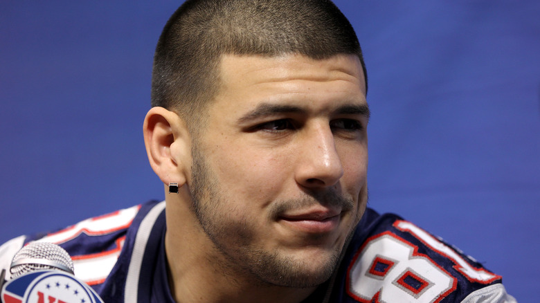 Aaron Hernandez at a press conference
