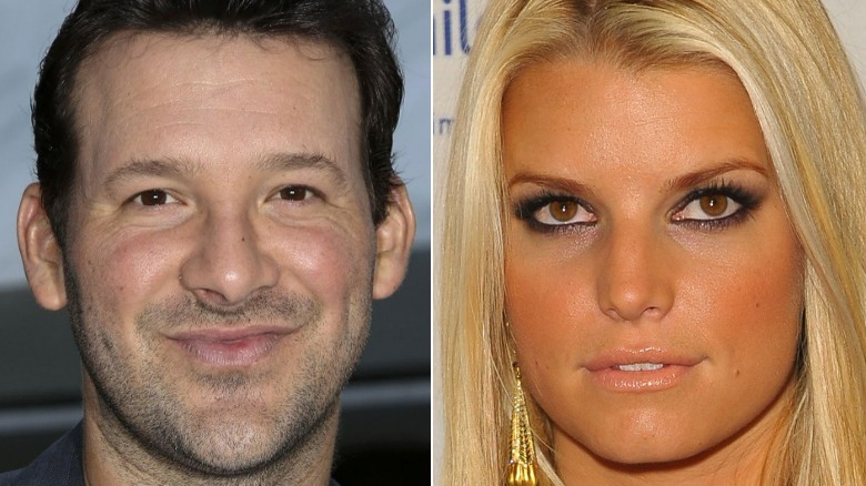 Tony Romo smirking, Jessica Simpson