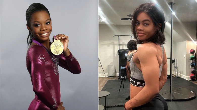 Gabby Douglas posing with medal, in gym