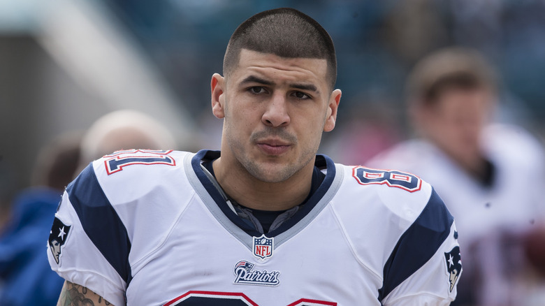 Aaron Hernandez playing for the New England Patriots